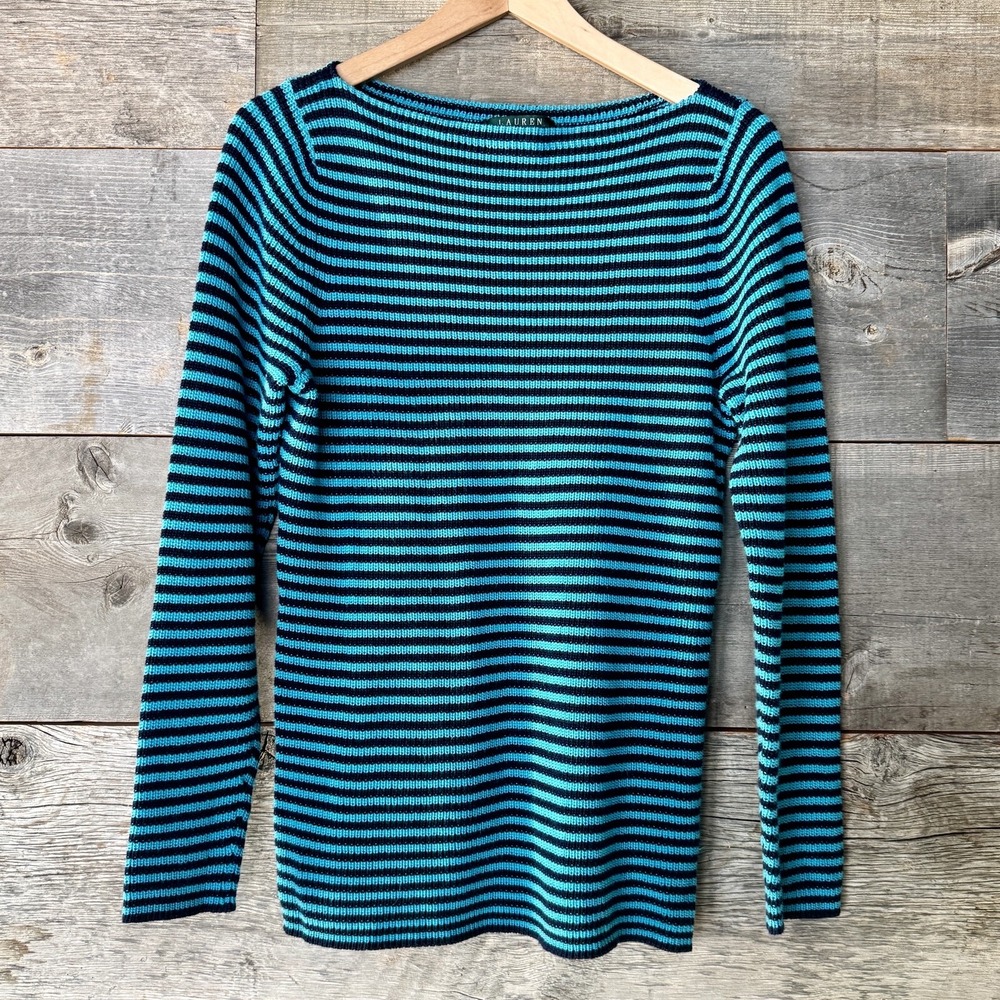 Lauren‎ Ralph Lauren Womens Boatneck Rib Knit Sweater XL Teal Navy Stripe Preppy